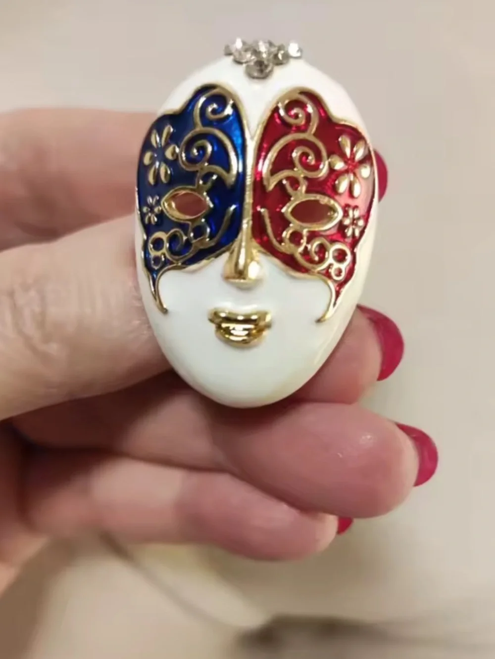 Luxury Venetian Mask Brooch – Red & Blue Enamel Statement Pin